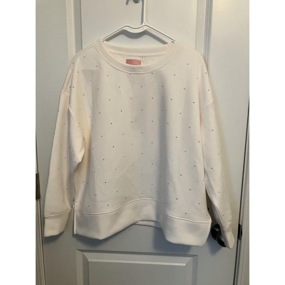 Match Fit Ivory Studded Sweatshirt Womens Petite Large new rhinestone bling